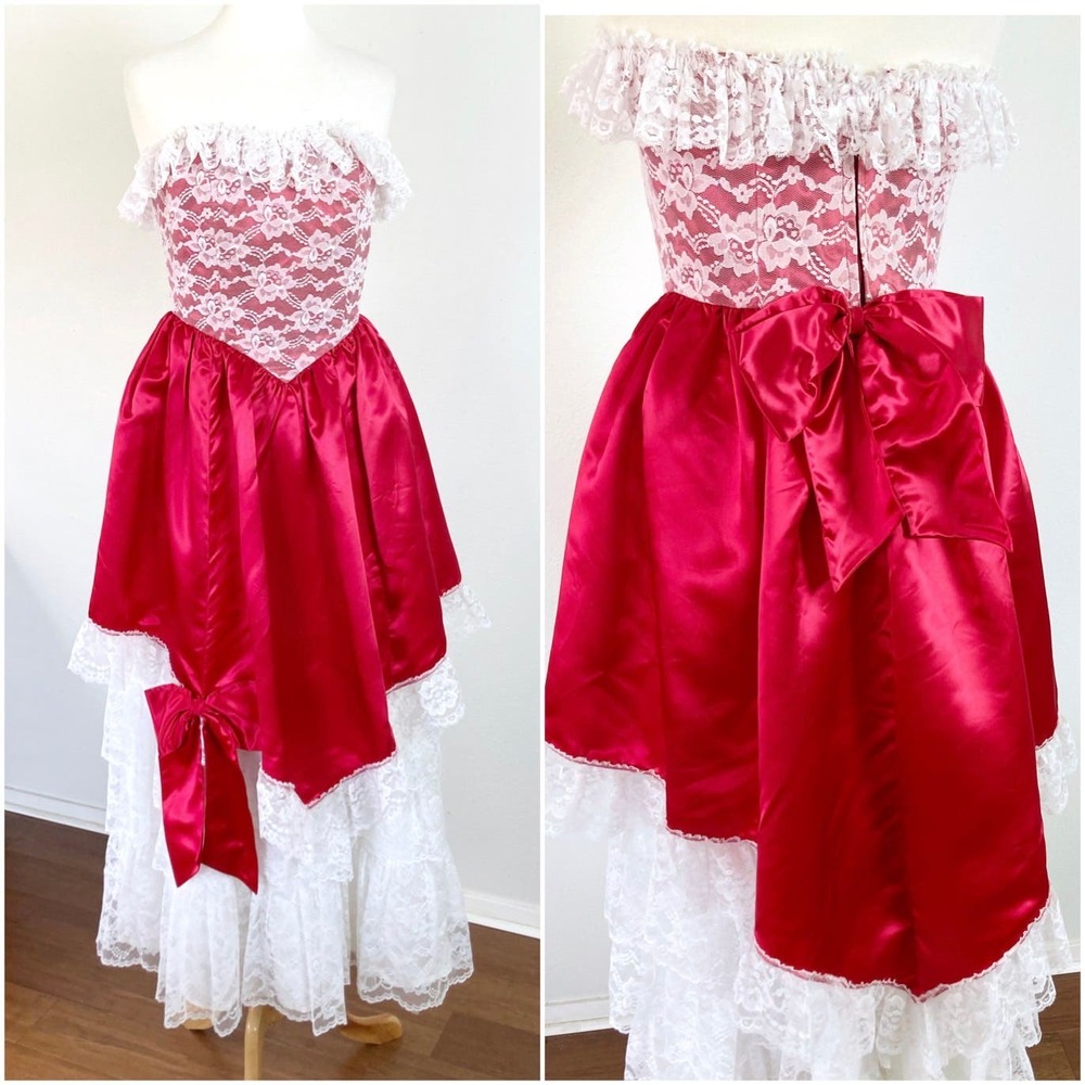 Vintage 80s Red Satin Prom Maxi Dress Southern Belle Sweetheart // Size Small‎